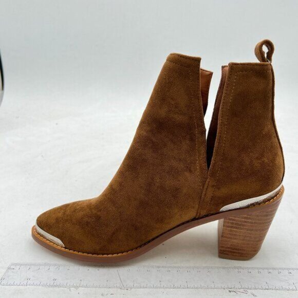 YDN Brown Women's Low Heeled Ankle Boots Faux Suede Cowboy Booties Cutout - Picture 1 of 7